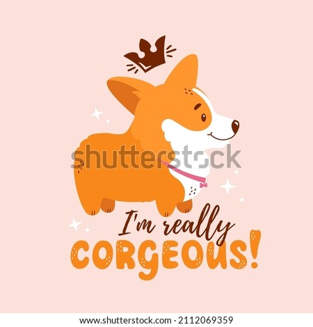 Corgi with crown and quote - I am really corgeous. Welsh corgi print for card, poster or t-shirt design. Vector illustration isolated on pink background. Cute dog and funny hand drawn lettering.
