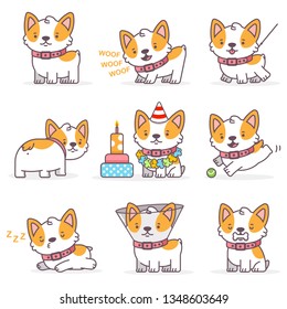 Corgi cute cartoon dog vector character set. Funny little puppies isolated on a white background. Pets illustration in different actions.