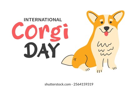 Corgi day banner. Cute vector cartoon dog smiling pet, isolated on white. Vector illustration flat style