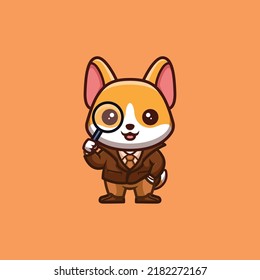 Corgi Detective Cute Creative Kawaii Cartoon Mascot Logo