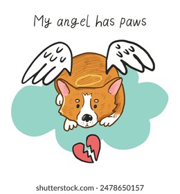 Corgi dog with angel wings and heart. Vector illustration.