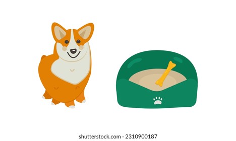 Corgi dog and bed for dogs and pets, with bone. Assortment of goods in a pet store, cute pet. Flat vector illustration eps 10 isolated on white background.