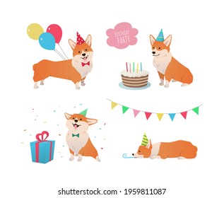 Corgi dog birthday party set. Cute cartoon pet with cake, balloons, confetti and gift box on white background. - Vector illustration