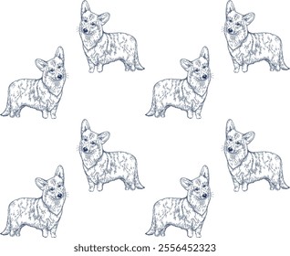 Corgi dog blue ink seamless pattern for wallpaper, fabric, wrapping paper, etc.	