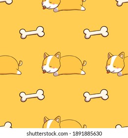 corgi dog and bone seamless pattern with doodle style on yellow background