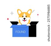 Corgi Dog In A Box With Found Text In Flat Vector Illustration Symbolizing Pet Adoption, Lost And Found Pets, And Animal Rescue, Isolated On White Background.