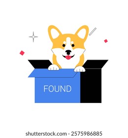 Corgi Dog In A Box With Found Text In Flat Vector Illustration Symbolizing Pet Adoption, Lost And Found Pets, And Animal Rescue, Isolated On White Background.