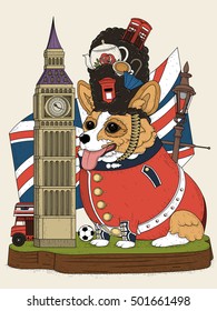 corgi dog and british elements for tourism, colorful