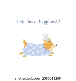 Corgi dog with bunny ears and in a blue sweater with a pattern of eggs runs. Easter holiday card.