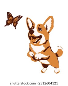 Corgi dog catching a butterfly. Cartoon vector illustration isolated on white.