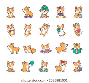 Corgi dog character set featuring cute and funny expressions, playful poses, festive celebrations, adorable accessories, and charming moments of daily activities for yours design projects