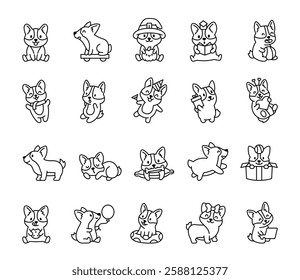 Corgi dog character set featuring cute and funny expressions, playful poses, festive celebrations, adorable accessories, and charming moments of daily activities for yours design projects