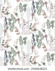 Corgi dog and colorful flowers, seamless pattern on a transparent background, for wallpaper, fabric, wrapping paper, etc.	