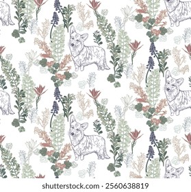 Corgi dog and colorful flowers seamless pattern for wallpaper, fabric, wrapping paper, etc.	