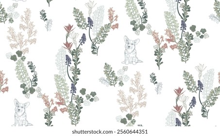 
Corgi dog and colorful flowers, seamless pattern on a transparent background, for wallpaper, fabric, wrapping paper, etc