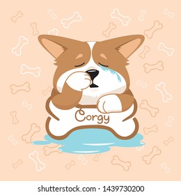 Corgi dog crying and holding a bone
