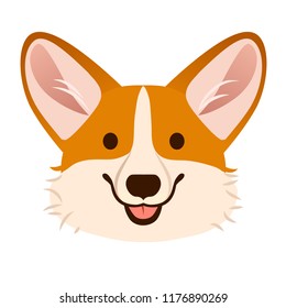 Corgi dog cute cartoon vector portrait.  Pembroke Welsh corgi puppy dog face, smiling with tongue out isolated on white. Pets, canine, dog lovers theme design element, flat contemporary style.