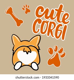 Perro Corgi, ilustración de la caricatura vectorial de corgi de pozo lindo aislado en fondo blanco. Funny corgi butt, moderno elemento de diseño plano para insignias, etiquetas, tarjetas