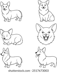 Un perro corgi en diferentes posiciones. Conjunto de Vector de bocetos de animales en estilo de arte en línea sobre fondo transparente