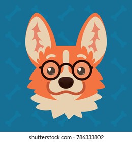 Corgi dog emotional head with glasses. Vector illustration of cute dog in flat style shows nerd emotion. Geek emoji. Smiley icon. Chat, communication, print, sticker. Object on blue background.