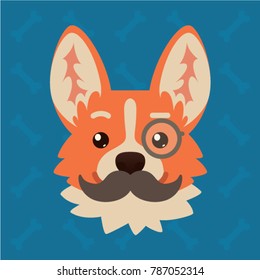Corgi dog emotional head with monocle and moustache. Vector illustration of cute dog in flat style shows intelligent emotion. Gentlemen emoji. Smiley icon. Chat, communication, print, sticker.