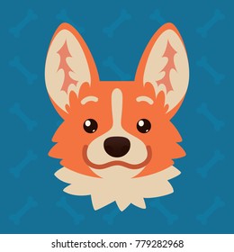Corgi dog emotional head. Vector illustration of cute dog in flat style shows positive emotion. 