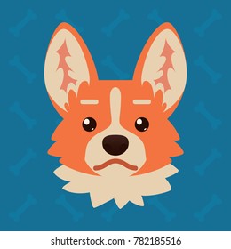 Corgi dog emotional head. Vector illustration of cute dog in flat style shows neutral emotion. Pocker face emoji. Smiley icon. Chat, communication, print, sticker. Isolated object on blue background.