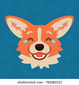 Corgi dog emotional head. Vector illustration of cute dog in flat style shows fun emotion. Lol emoji. Smiley icon. Chat, communication, print, sticker. Object on blue background. Laugh out loud.