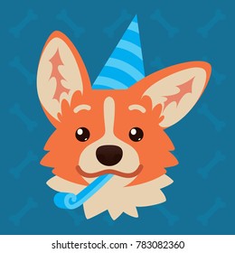 Corgi dog emotional head. Vector illustration of cute dog in flat style shows celebrating emotion. Greeting emoji. Smiley icon. Chat, communication, print, sticker. Object on blue background. Party.