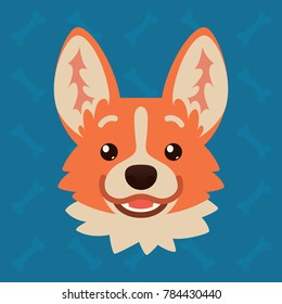 Corgi dog emotional head. Vector illustration of cute dog in flat style shows happy emotion. Dreamer emoji. Smiley icon. Chat, communication, print, sticker. Isolated object on blue background. Hope.