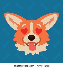 Corgi dog emotional head. Vector illustration of cute dog in flat style shows enamored emotion. In love emoji. Smiley icon. Chat, communication, print, sticker. Object on blue background. Amorous.