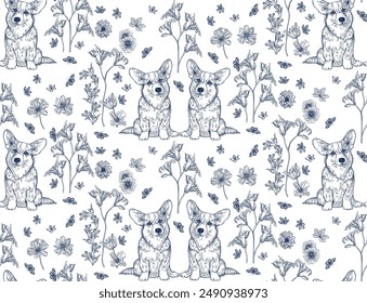 Corgi dog and flowers blue ink color seamless pattern for wallpaper, fabric, wrapping paper, etc.