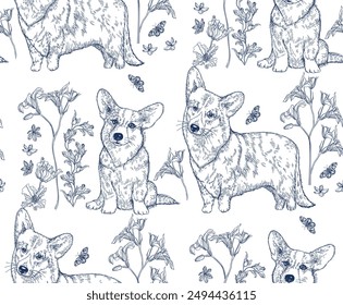 Corgi dog and flowers blue ink color seamless pattern for wallpaper, fabric, wrapping paper, etc.