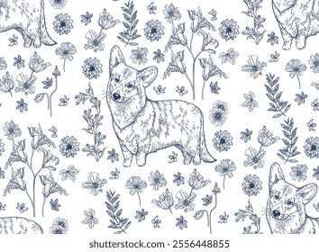 Corgi dog and flowers blue ink color seamless pattern for wallpaper, fabric, wrapping paper, etc.	