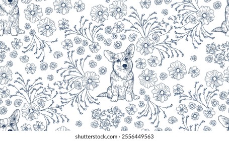 Corgi dog and flowers blue ink color seamless pattern for wallpaper, fabric, wrapping paper, etc.	