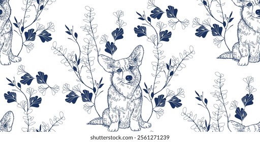 	
Corgi dog and flowers blue ink color seamless pattern for wallpaper, fabric, wrapping paper, etc.