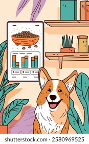 Corgi dog with food bowl and charts surrounded by plants and shelves in a cozy room setting. Bright colors and playful design