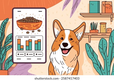 Corgi dog with food chart concept pet nutrition analysis colorful room plants shelves playful design website template