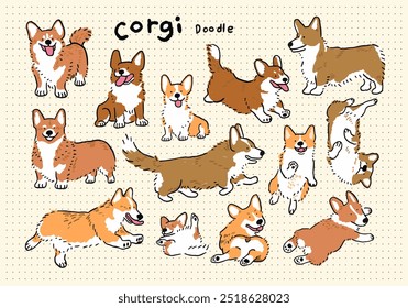 Conjunto de doodle corgi puxado à mão do cão