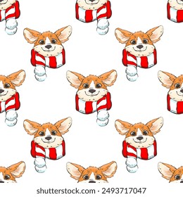 Corgi dog hand drawn seamless pattern. Print with cute dog.