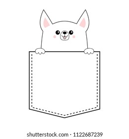 Corgi dog happy face head icon in the pocket. Holding hands paw. Cute cartoon pooch character. Contour silhouette. Kawaii animal. Funny baby puppy. Love card. Flat design. White background Vector