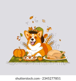 A Corgi Dog in a Hat is lying on a Blanket. Thanksgiving Day Picnic. Vector illustration.