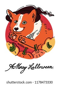 Corgi dog in the hat of a witch jumps a pumpkin. The inscription of Merry Halloween. Bright autumn colors vector illustration with black outlines.