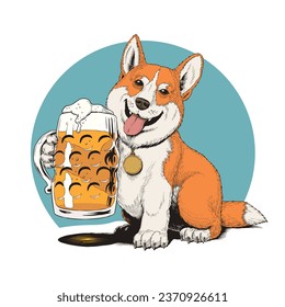 Corgi dog holding the beer mug, isolated on white background. Idea for beer label design cartoon style hand drawn vector illustration