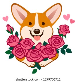 Corgi dog holding a bouquet of roses vector cartoon illustration. Funny cute humorous love, friendship, dating, romance greeting cards. 