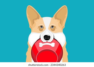 Corgi dog holding bowl in mouth on isolated background, Vector illustration.