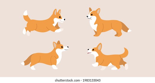 Corgi dog icon set. Different poses of corgi dog. Vector illustration for prints, clothing, packaging, stickers.