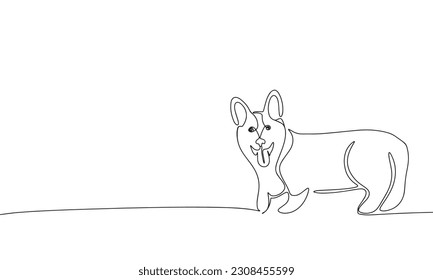 Corgi dog isolated on white background. One line continuous animal pet art. Line art, outline, vector illustraiton.