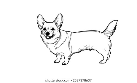 Corgi dog line drawing. Cute pet illustration simple design. Prints, websites, pet products suitable usage. Black outline artwork white background