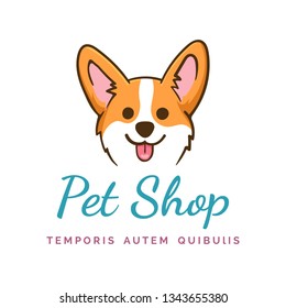 Corgi dog logo. Welshcorgi puppy face pet shop emblem, vector cute happy smiling orange pembroke logotype template isolated on white